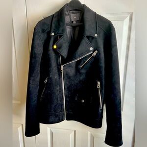 H&M -Man Faux Black Suede Silver Snap Fasteners & Zips Lined Moto Jacket Sz L
